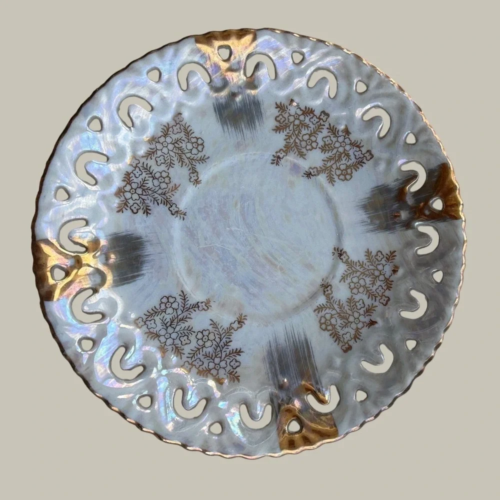 Vintage Iridescent Lusterware Footed Teacup and Pierced Reticulated Saucer Set
